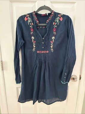 Johnny Was Navy Embroidered Tunic Cotton Top